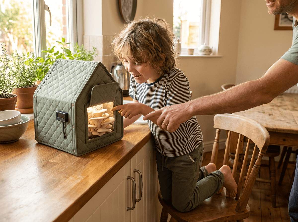 Child watching mushrooms grow in the Sh-Room