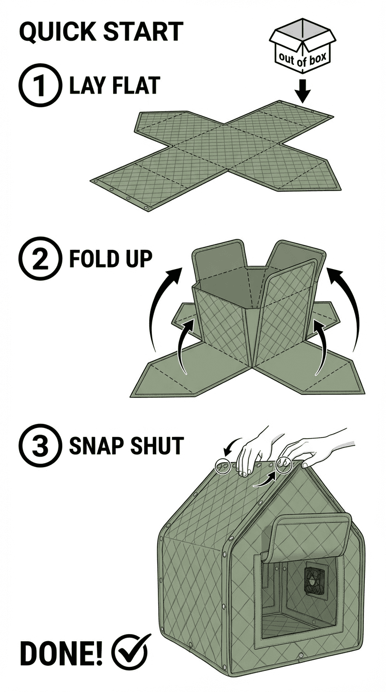 Quick start guide: Lay flat, Fold up, Snap shut