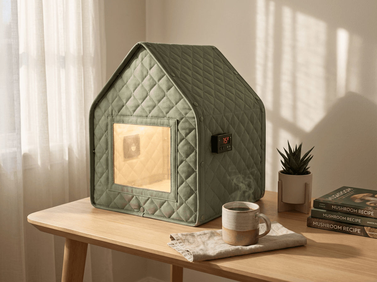Sh-Room on a side table with warm lighting and mushroom recipe books