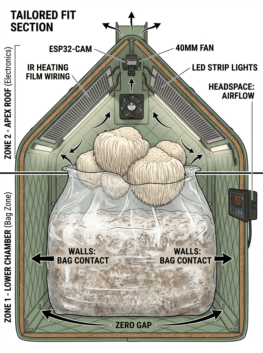 Cross-section showing Zone 1 bag zone and Zone 2 apex electronics zone
