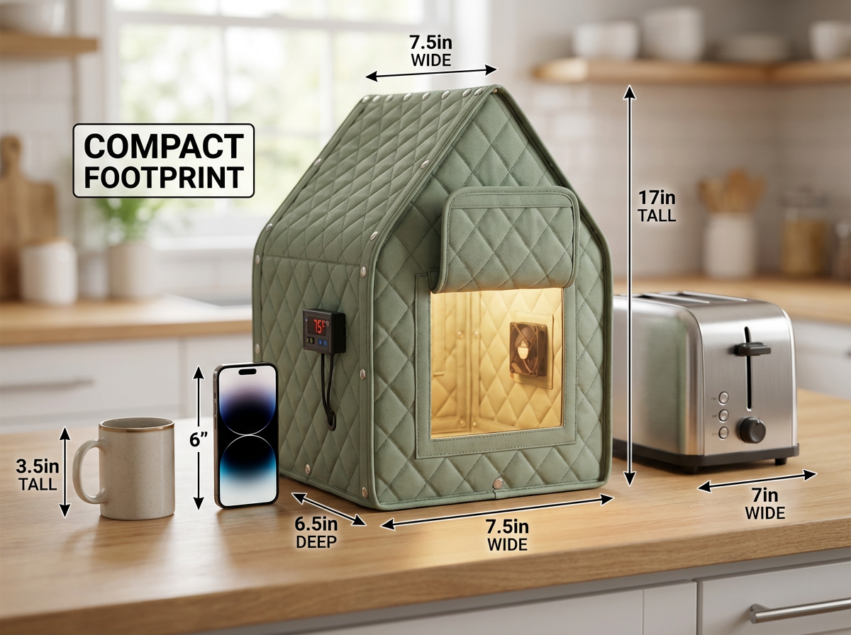 Sh-Room dimensions comparison showing compact footprint next to phone and toaster