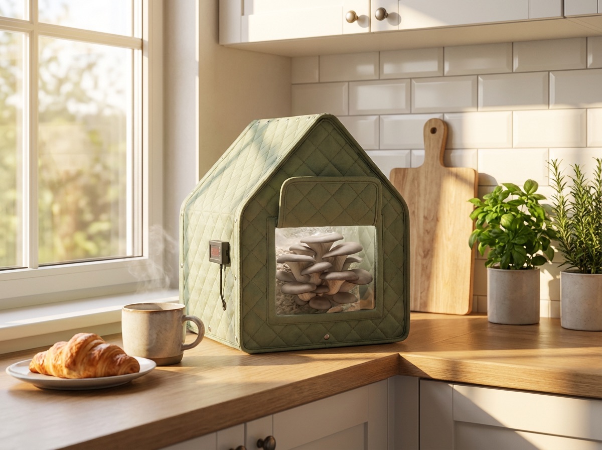 Illustration of the Sh-Room prototype on a kitchen counter with mushrooms growing inside